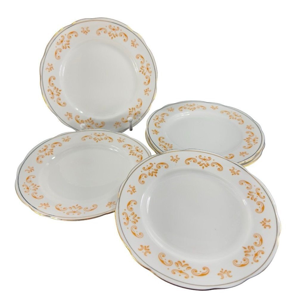 Cmielow Porcelain Ceramic Dish Plate Republic Of Poland Set 5 Orange White VTG